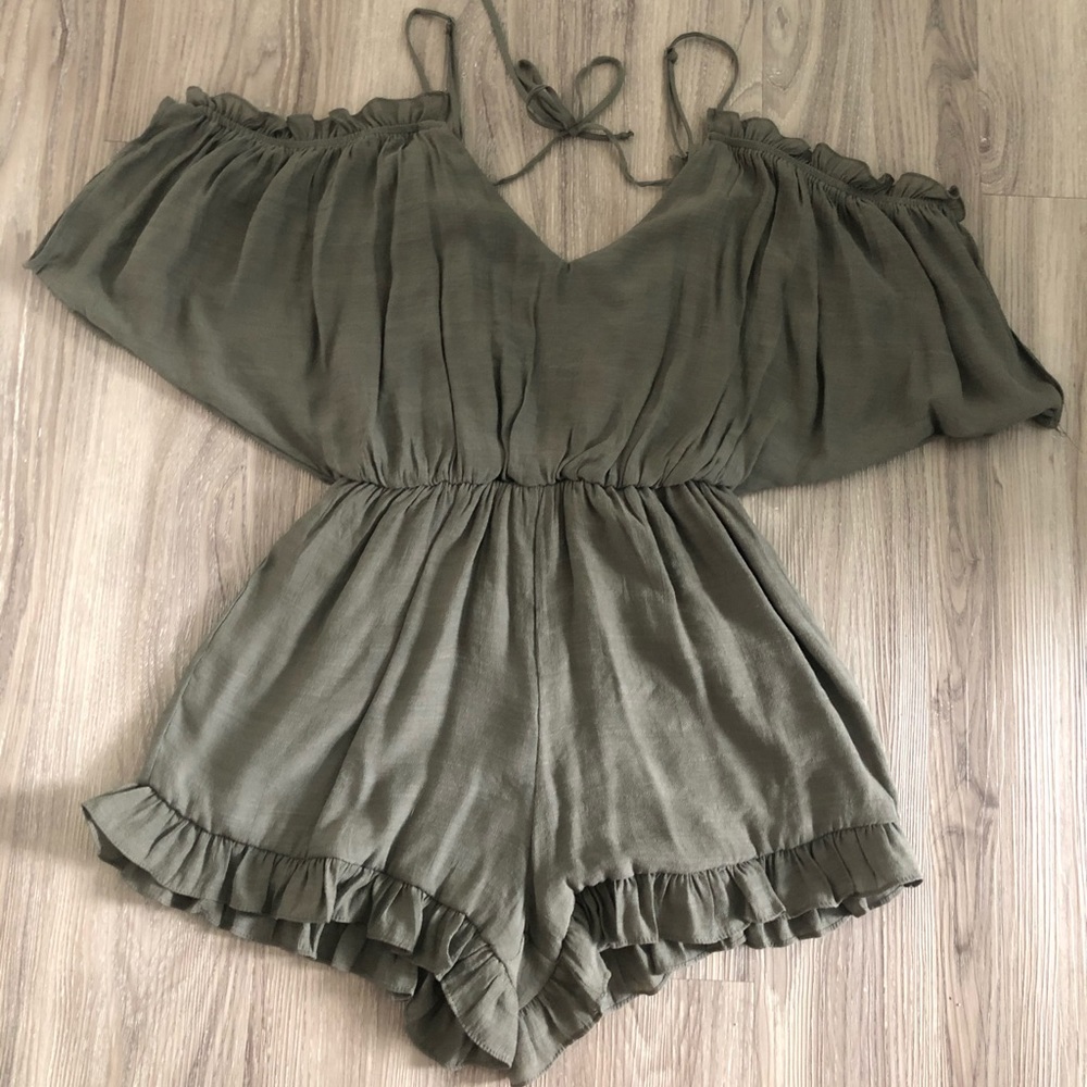 Olive green ruffled romper